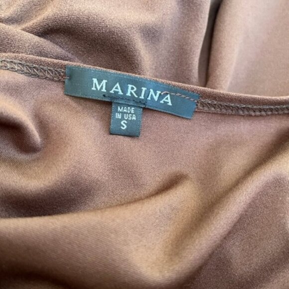 Marina Surplice Neckline Faux Wrap Belted Midi Dress in Brown – Size Small - Picture 8 of 10